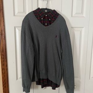 Ralph Lauren Gray V-Neck Sweater with Plaid Accent